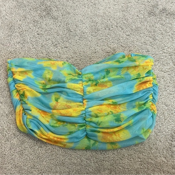 Zara blue yellow floral flower ruched strapless bandeau bustier crop top L NWT - Picture 7 of 15